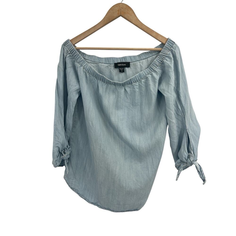 Karen Kane Chambray Tencel Off The Shoulder Tie Sleeve Blouse S